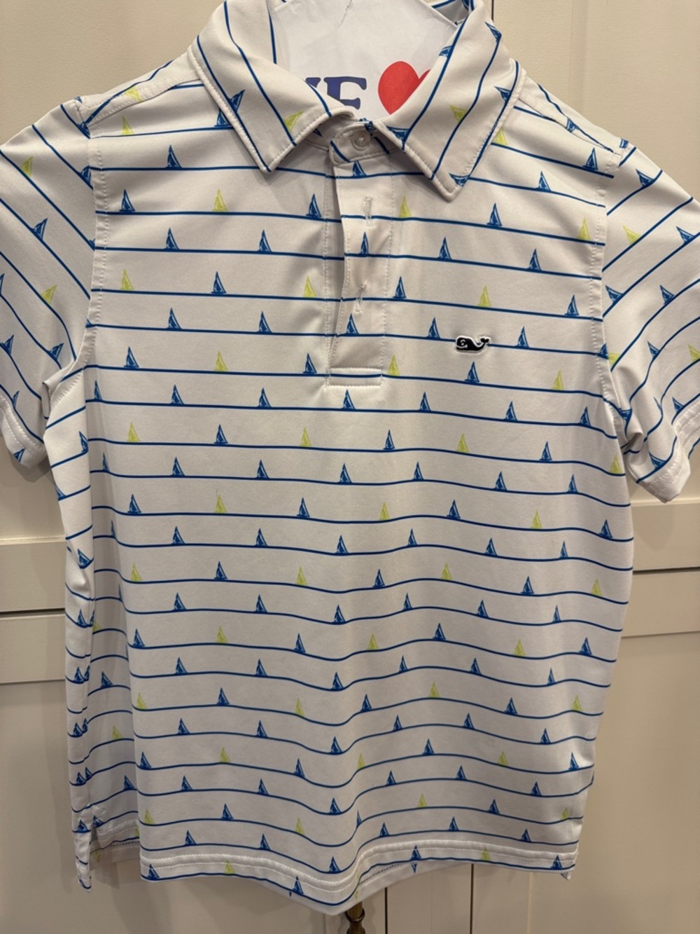 Vineyard Vine Boys White Polo Shirt with Blue & Lime Sailboat Stripe